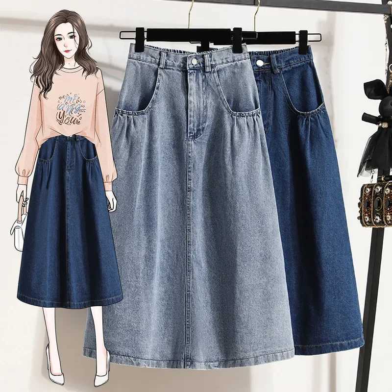 High Waist A- Line Mini Skirt Loose Fit Casual Washed Denim Solid Color Hong Kong Style plus Size Womens Fashion Skirts M260314