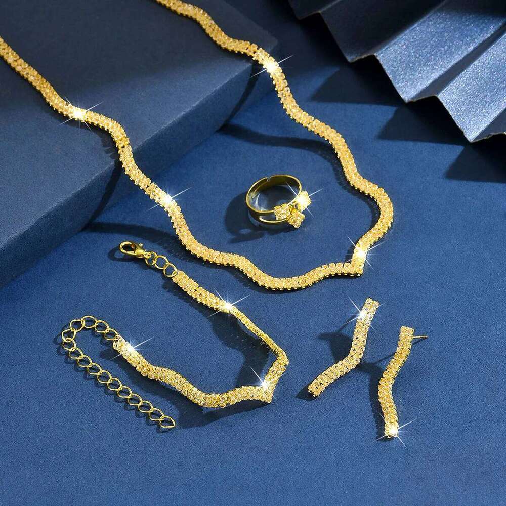 Bling Scallop Edge Jewelry Set Women's Rhinestone Necklace Earrings Bracelet Ring 4Pcs Party Formal Statement Accessories Z260313