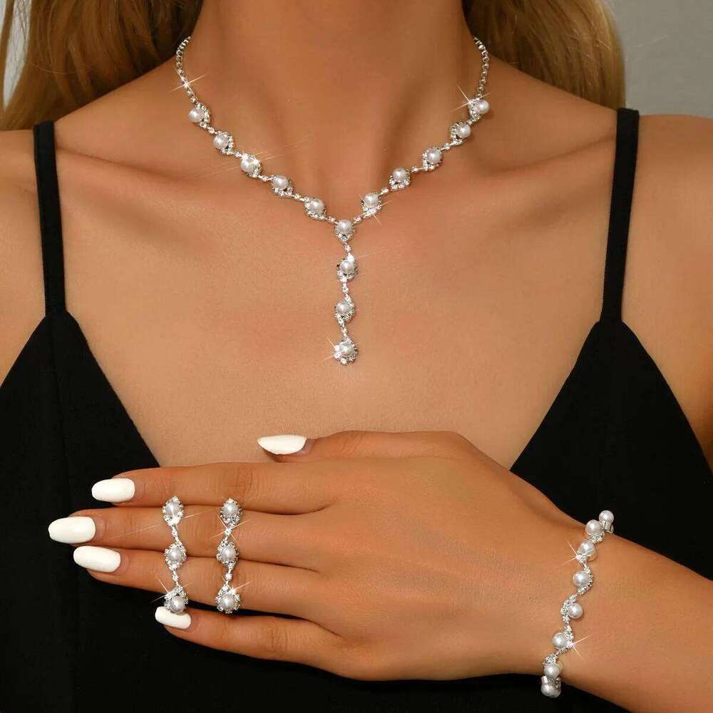 Women Pearl Rhinestone Jewelry Set Necklace Bracelet Earrings Party Prom Evening Fashion Accessories Z260313