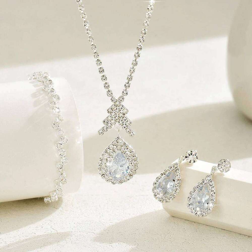 European and American delicate water droplets, diamond necklace, earrings, bracelet, three piece set for women Z260313