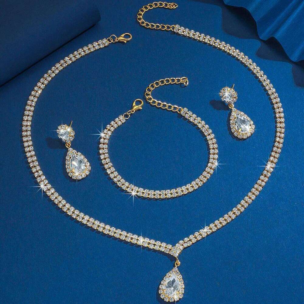 4PC Women's Fashion Water Drop Necklace, Earrings, Bracelets, Jewelry Set, Suitable for Wedding, Party, Festival Gifts Z260313