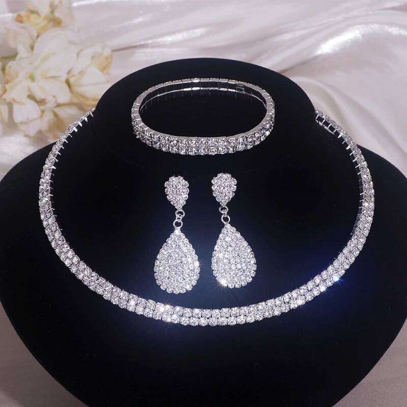 Luxury Round Rhinestone for Women Classic Silver Color Necklace Bracelet Earring Set Bridal Wedding Jewelry Z260313