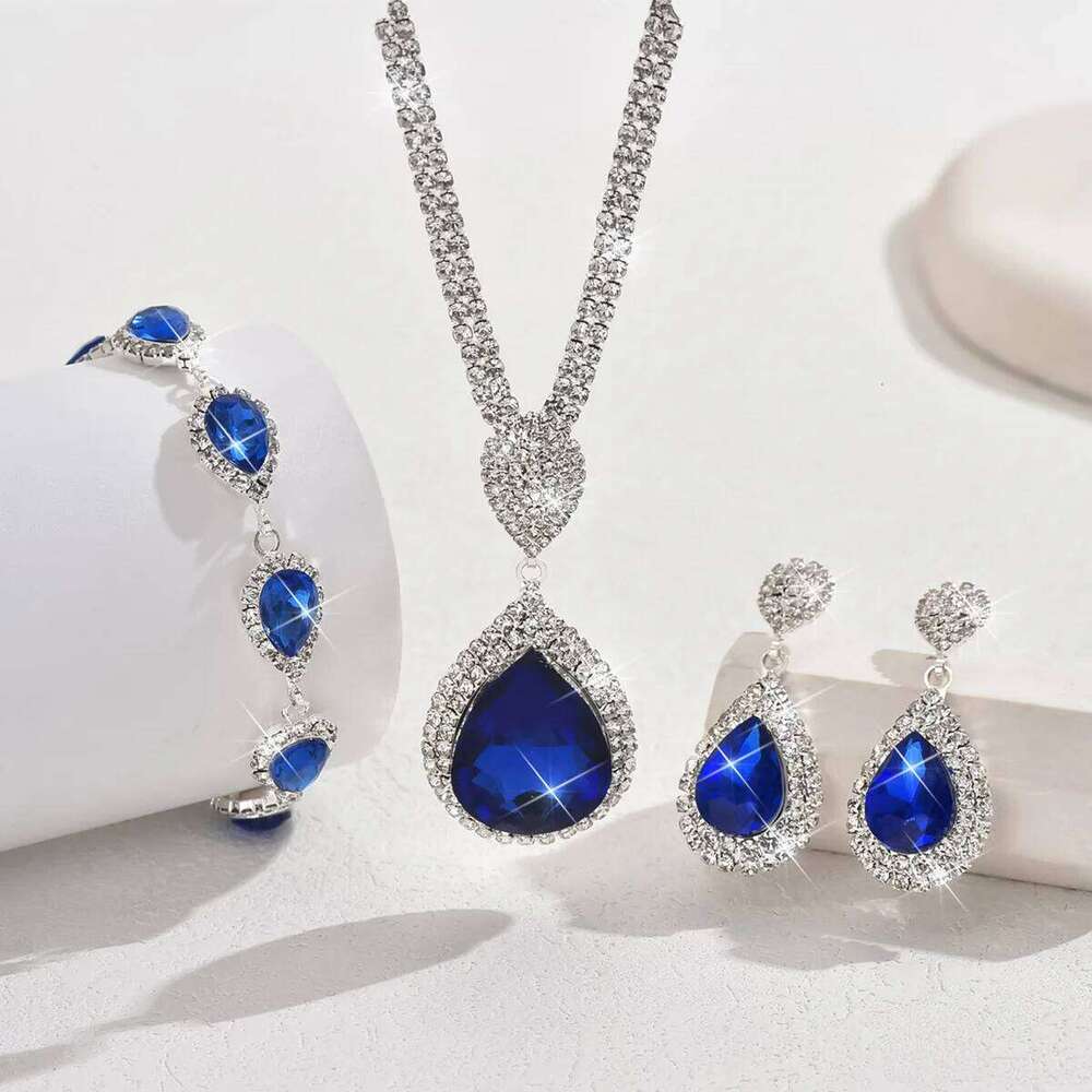 4pcs Elegant Vintage Jewelry Set for Women Blue Water Drop Necklace Shiny Crystal Choker Bridal Wedding Earrings Party Z260313