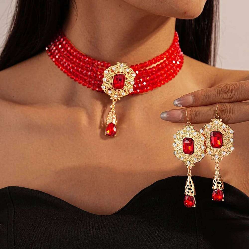 FYUAN Multilayer Green Red Blue Black Crystal Necklace Geometric Hollow Alloy Earrings For Women Weddings Banquet Jewelry Sets Z260313