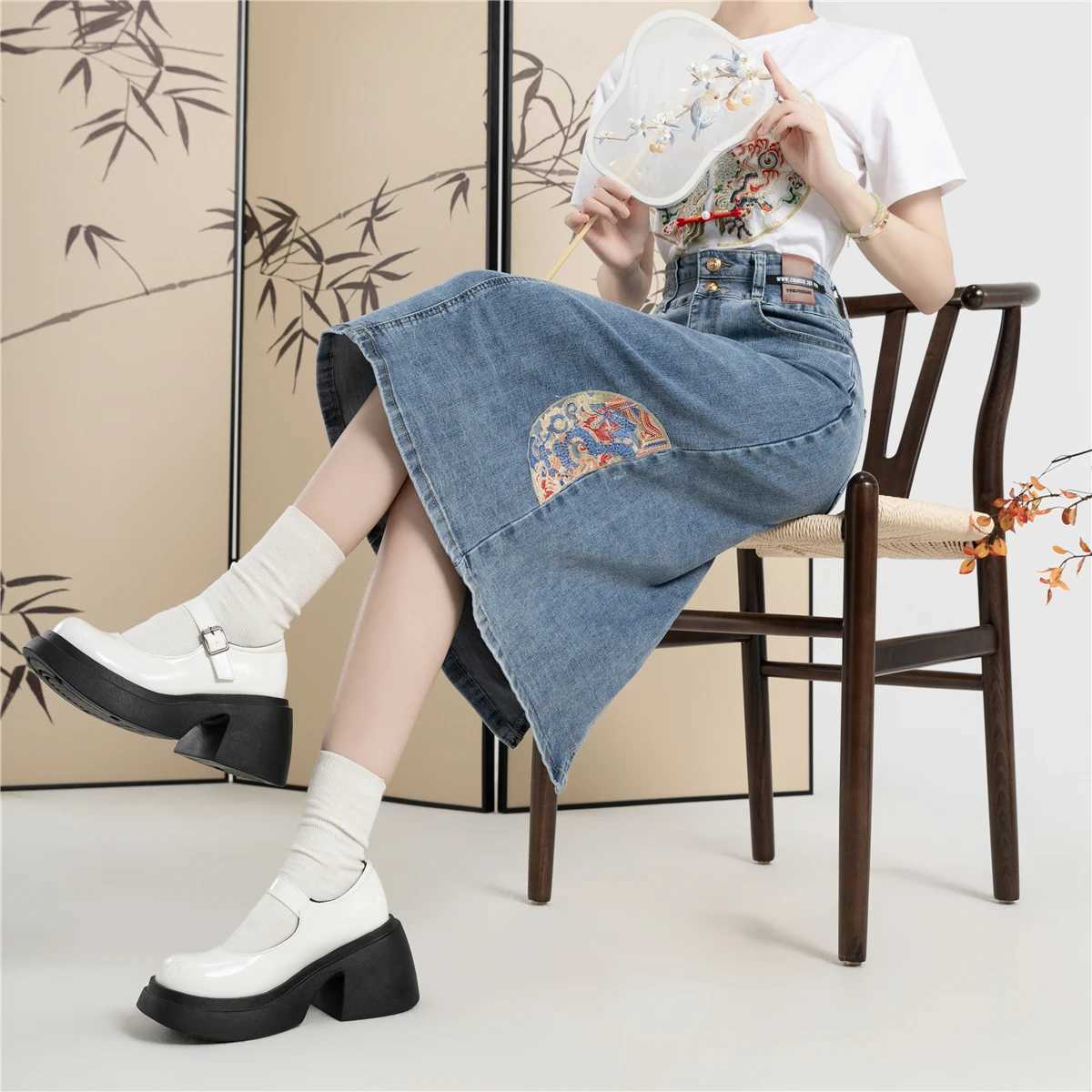 New 2024 Spring Summer Denim Skirt For Women High Waist Embroidery Back Slit Blue Jean Skirts Chinese Style A Line Skirt Women M260314