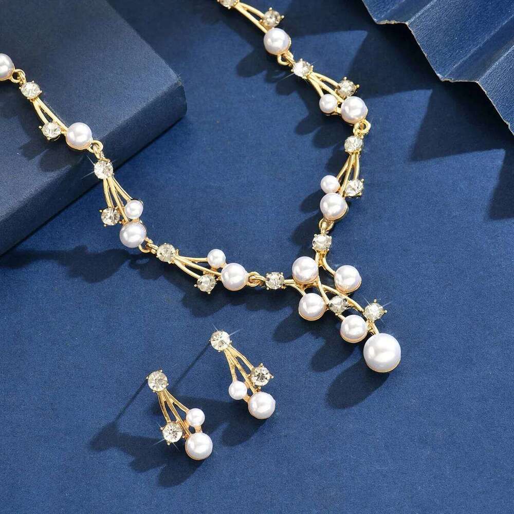 Vintage Pearl & Crystal Choker Necklace Earrings Set Women's Party Bridal Jewelry Gold-Tone Beaded Statement Accessories Z260313