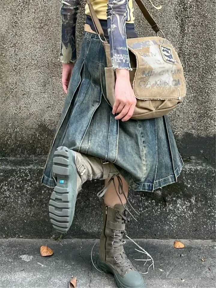 American Style Gothic Denim Skirts Women Streetwear Y2k High Waisted Vintage A- Line Middle Long Dress Trendy Fashionable Skirts M260314