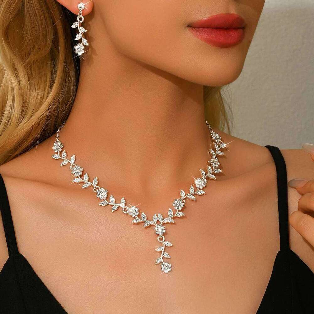 Crystal Vine Necklace & Earring Set Women V-Neck Leaf Pendant Jewelry for Party Evening Statement Z260313