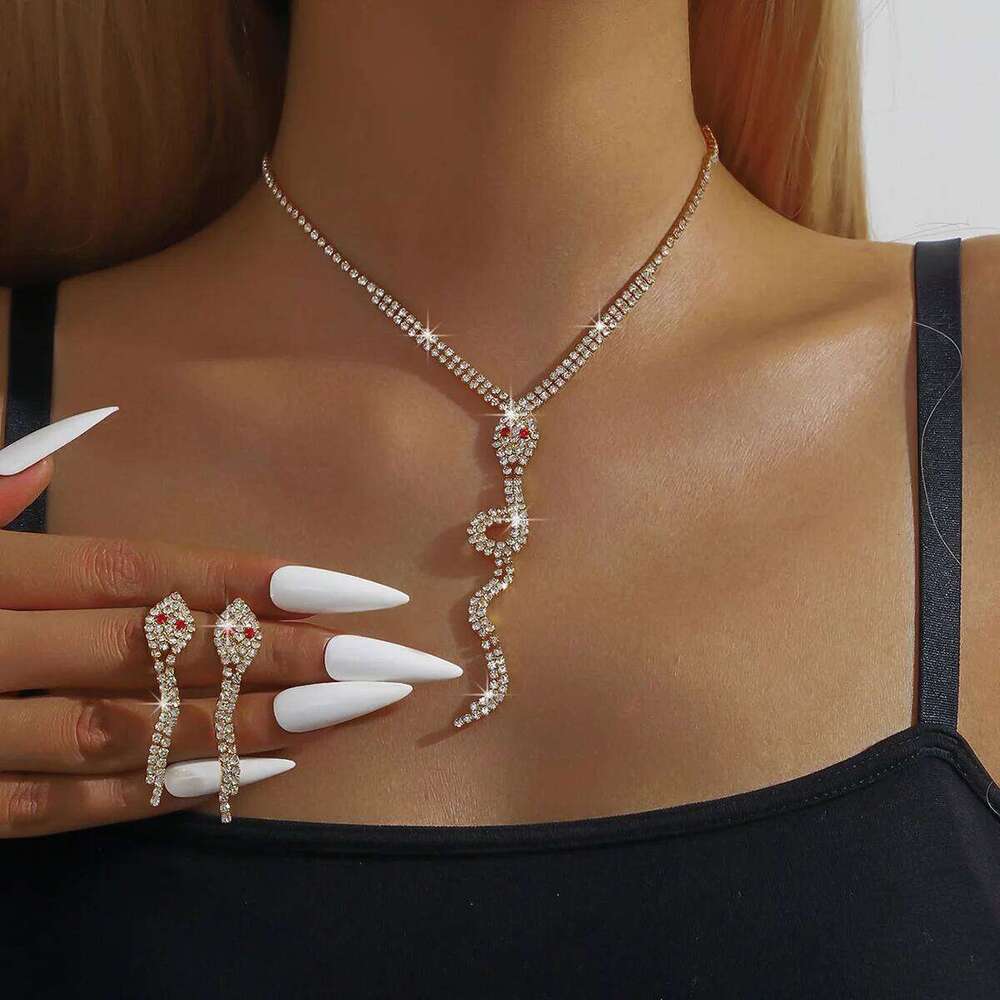 European and American popular jewelry with rhinestone snake shaped necklace, bracelet, earrings, four piece set for women Z260313