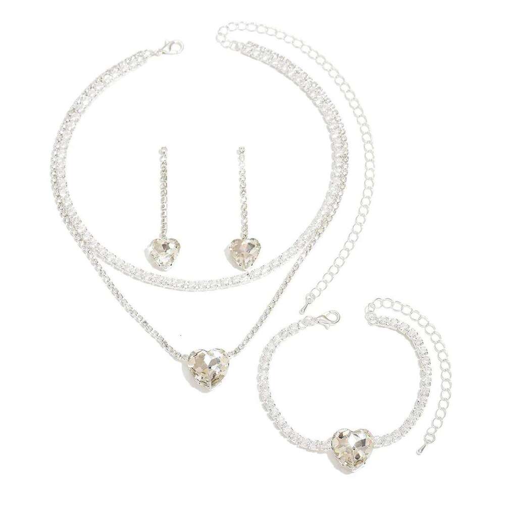 Double Layer Heart Crystal Jewelry Set Necklace+Earrings+Bracelet Shiny for Women Party Wedding Accessories Z260313