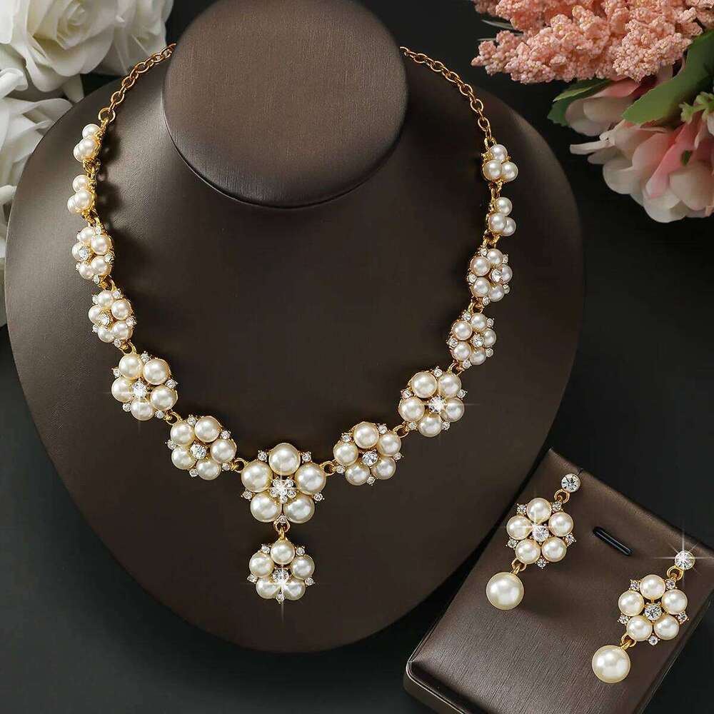 Retro Pearl Flower Necklace Earrings Set Women's Gold-Tone Cluster Jewelry for Wedding Bridal Party Evening Dress Accessory Gift Z260313