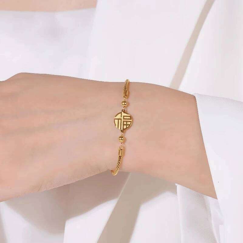 Gold Plated Fortune Character Bracelet For Women Luxury Stainless Steel New Year Versatile Bracelets Good Luck Wealth Jewelry Z260313