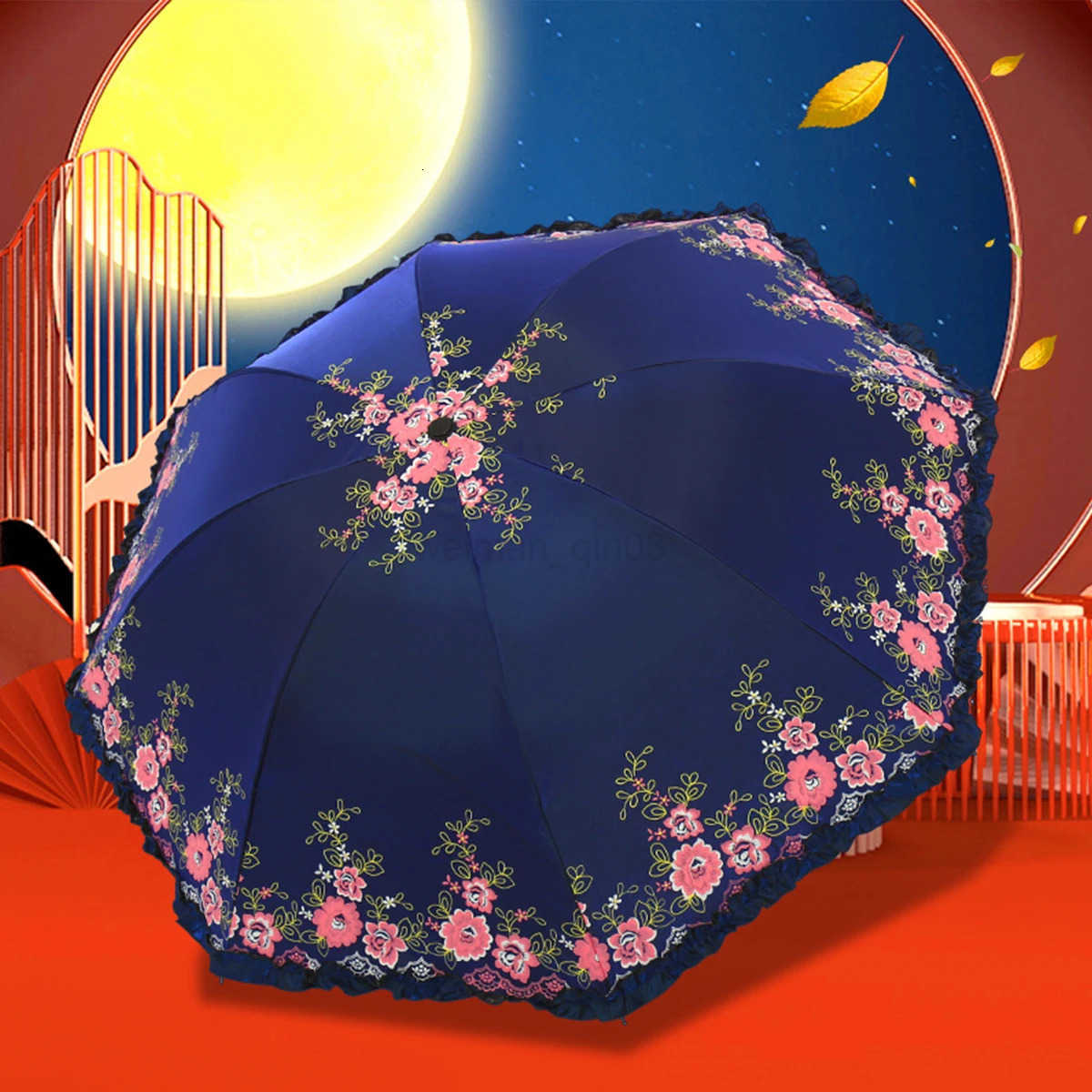 1pcs Lace Embroidery Parasol Anti-UV Folding Umbrella UPF50 Vintage Flower Embroidery Umbrella Princess Umbrella Gift Umbrella H260314