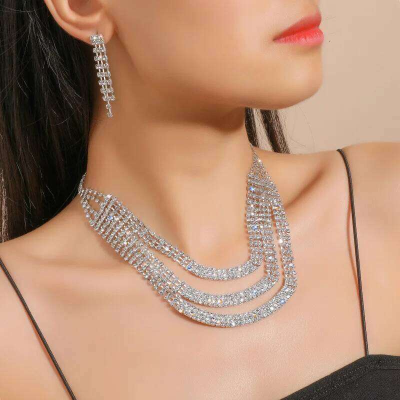FYUAN Multilayer Geometric Rhinestone Earrings For Women Crystal Necklace Wedding Bride Jewelry Sets Accessories Z260313