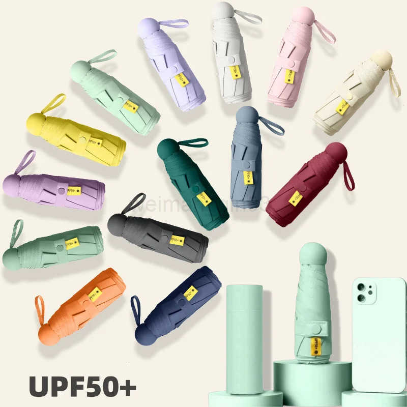 UPF50 Mini Capsule Folding Umbrella Vinyl Portable Sun Rain Umbrella UV Sunshade Small Pocket Parasol for Dual Use Protection H260314