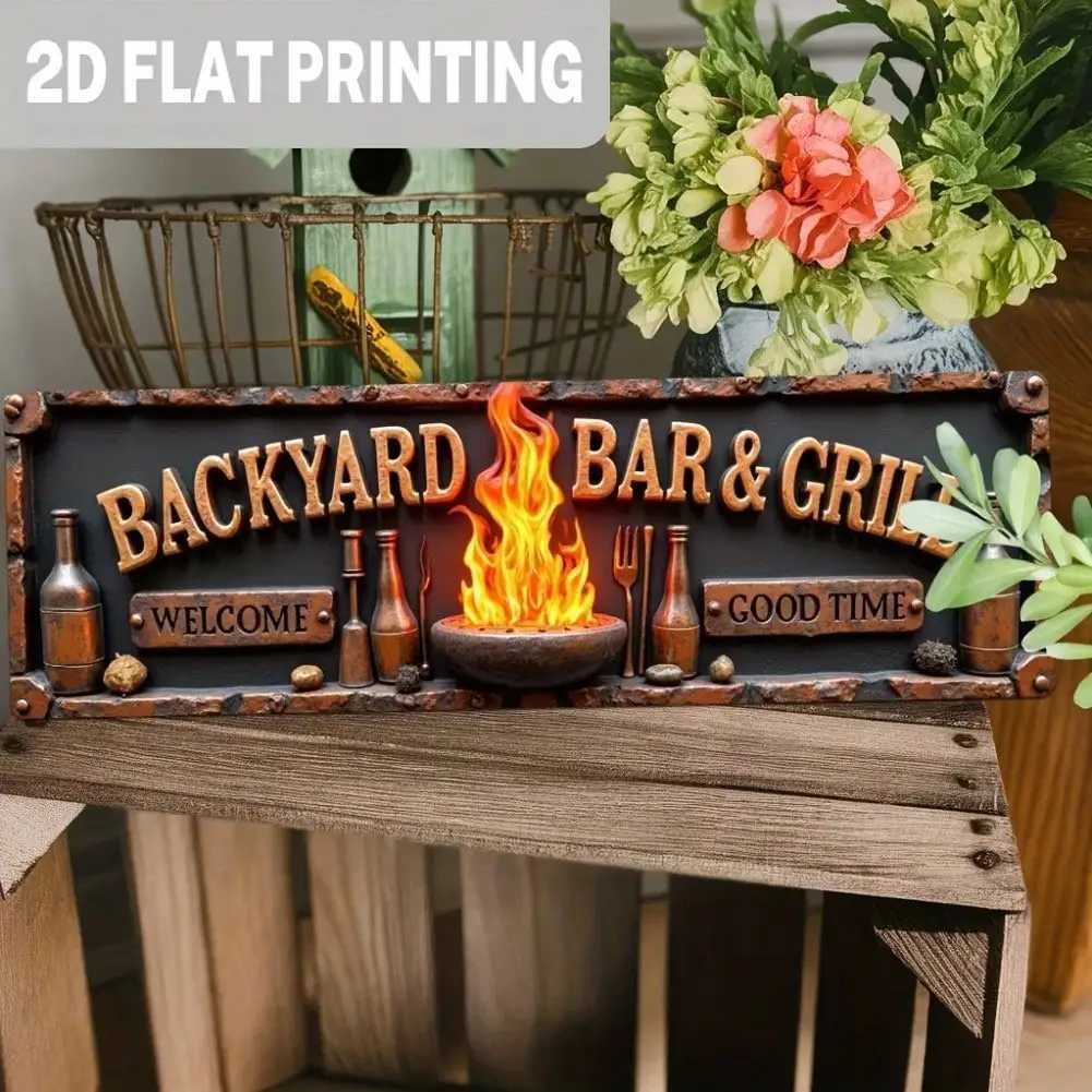 2D Flat Rustic Backyard Bar Grill Aluminum Wall Sign - Vintage Metal Decor With Welcome Good Time D260314