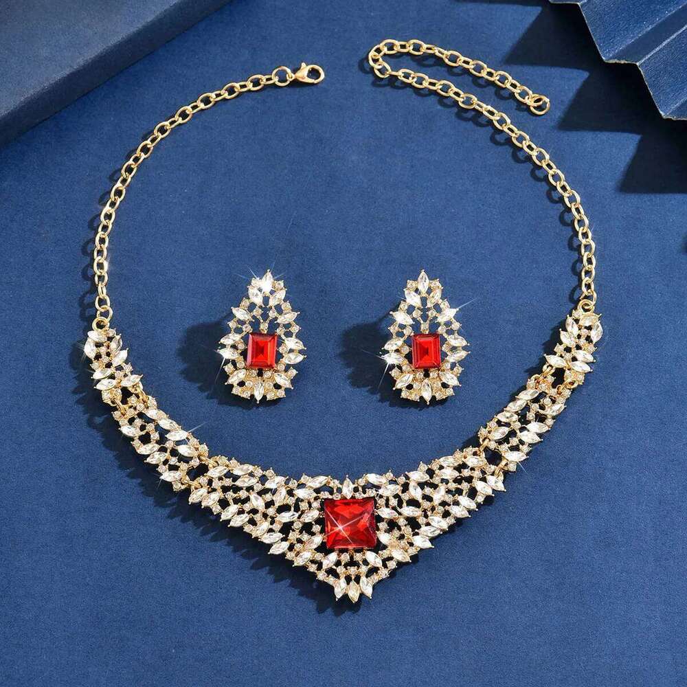 Vintage Royal Style Gold-Plated Red Gem Necklace Earrings Set - Women's Party Wedding Evening Prom Statement Jewelry Gift Z260313