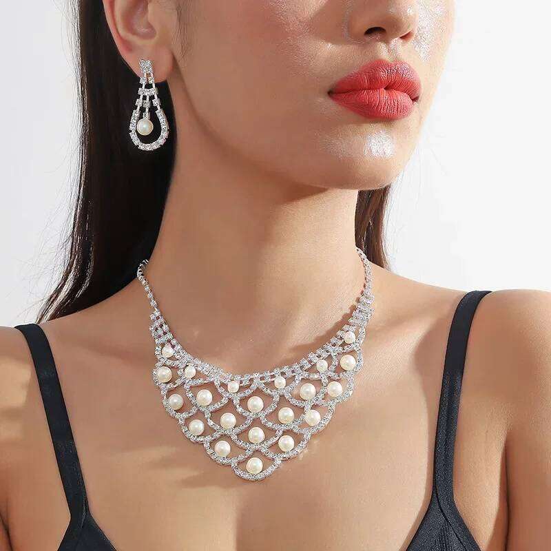 FYUAN 9 Style Pearl Necklace For Women Long Tassel Hollow Rhinestone Earrings Wedding Bride Jewelry Sets Accessories Z260313
