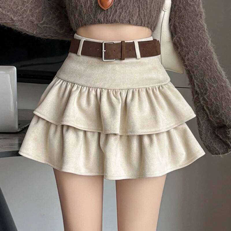 Seoulish High Waist Vintage Velvet Women's Cake Short Skirts with Belted 2025 New Autumn Winter Ruffles A-line Mini Skirt Female Z260314