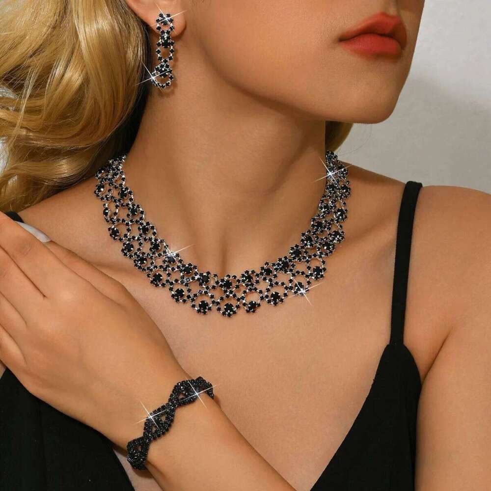 Vintage Lace Rhinestone Jewelry Necklace+Earrings+Bracelet Women's Bridal Crystal Choker Set for Wedding Party Evening Dre Z260313