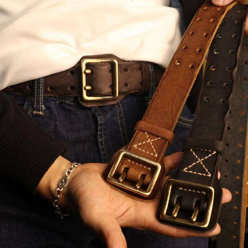 Original Handmade Double-needle Buckle Men's Washed Water Made Old Macho Jeans Genuine Leather y2k Army Belt Z260226