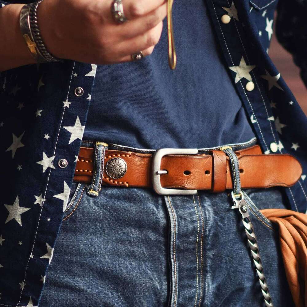 New Product Genuine Men's Pleated USA Western Retro Denim Style Leather Personality Cowboy Pin Buckle Belt Z260226