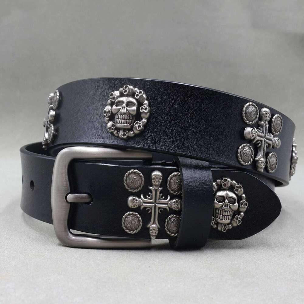 Skull Flower Rivet Metal Pyramid Genuine Leather for Men and Women Hardware Jeans Belt Female Belts Z260226