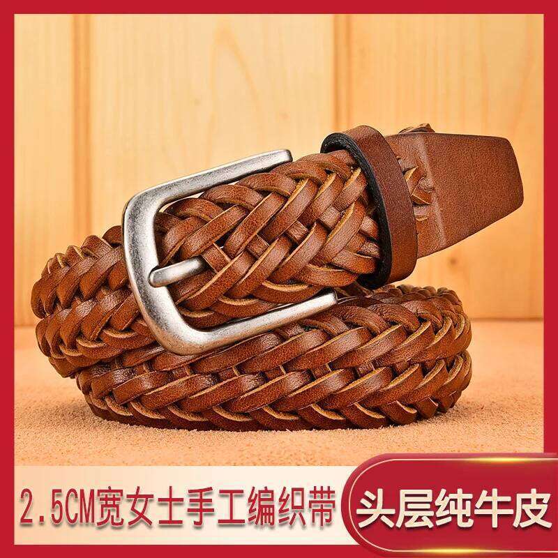 2024 Women Casual Luxury New Style Width 2.5cm Woven Belt Needle Buckle Real Leather Head Layer Cowhide Handmade Decorative Z260226