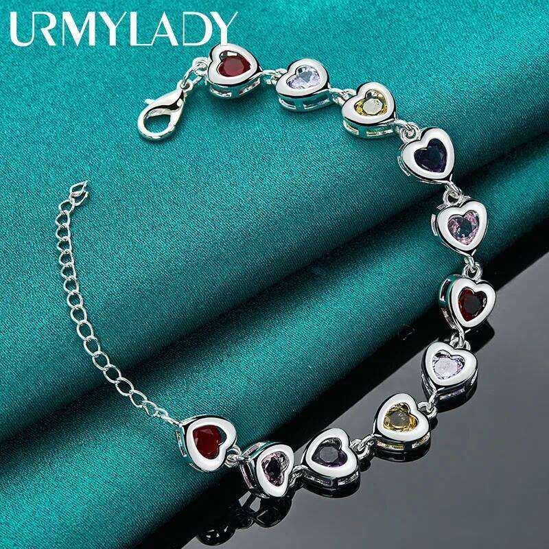 URMYLADY 925 Sterling Silver Heart inlaid With Multi-color AAA Zircon Chain Bracelet For Woman Wedding Engagement Party Jewelry Z260313