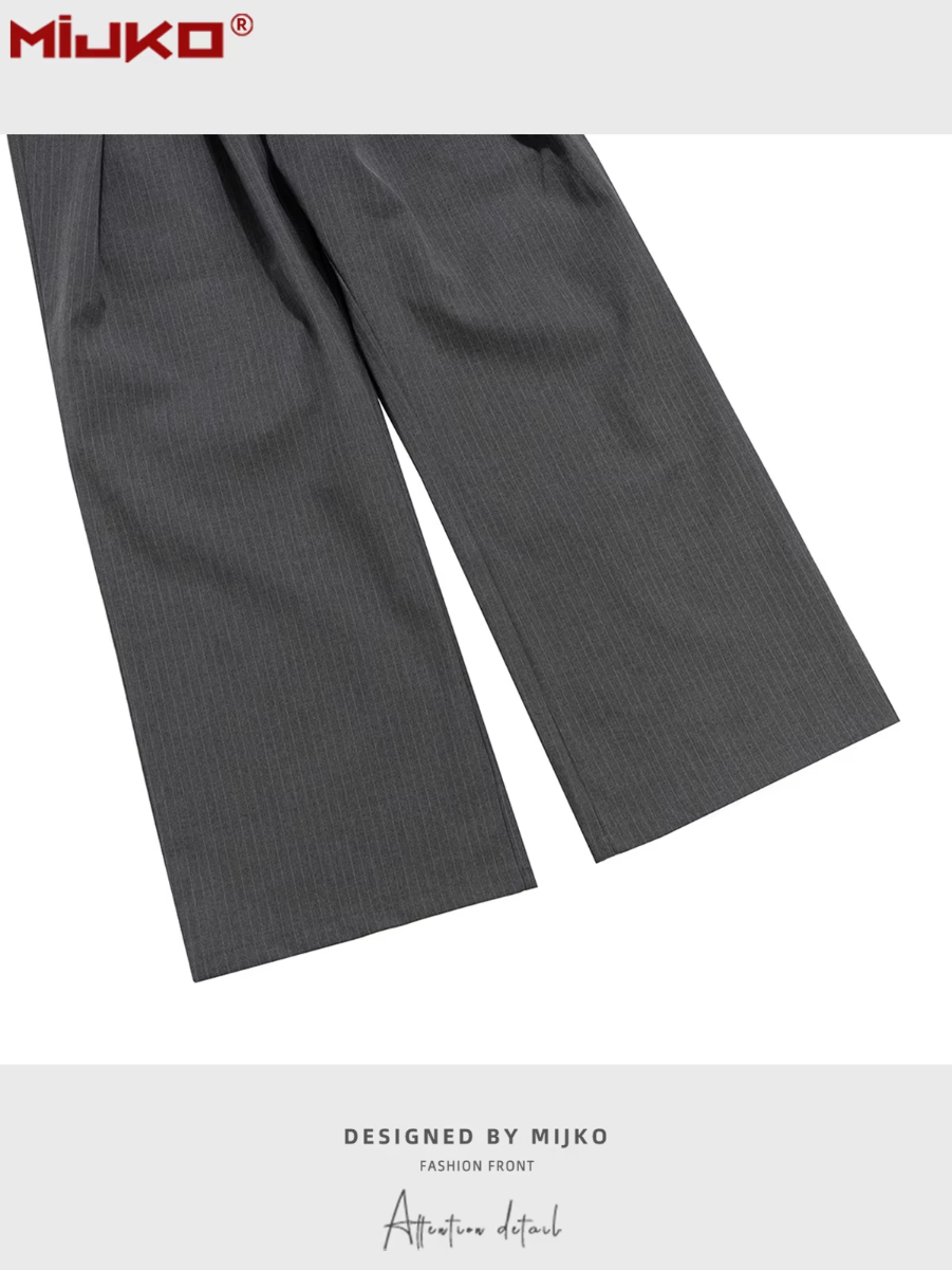 MIJKO Unisex Casual Pants Vertical Stripe Design Folded Straight Leg Gray Suit for Men And Women C923