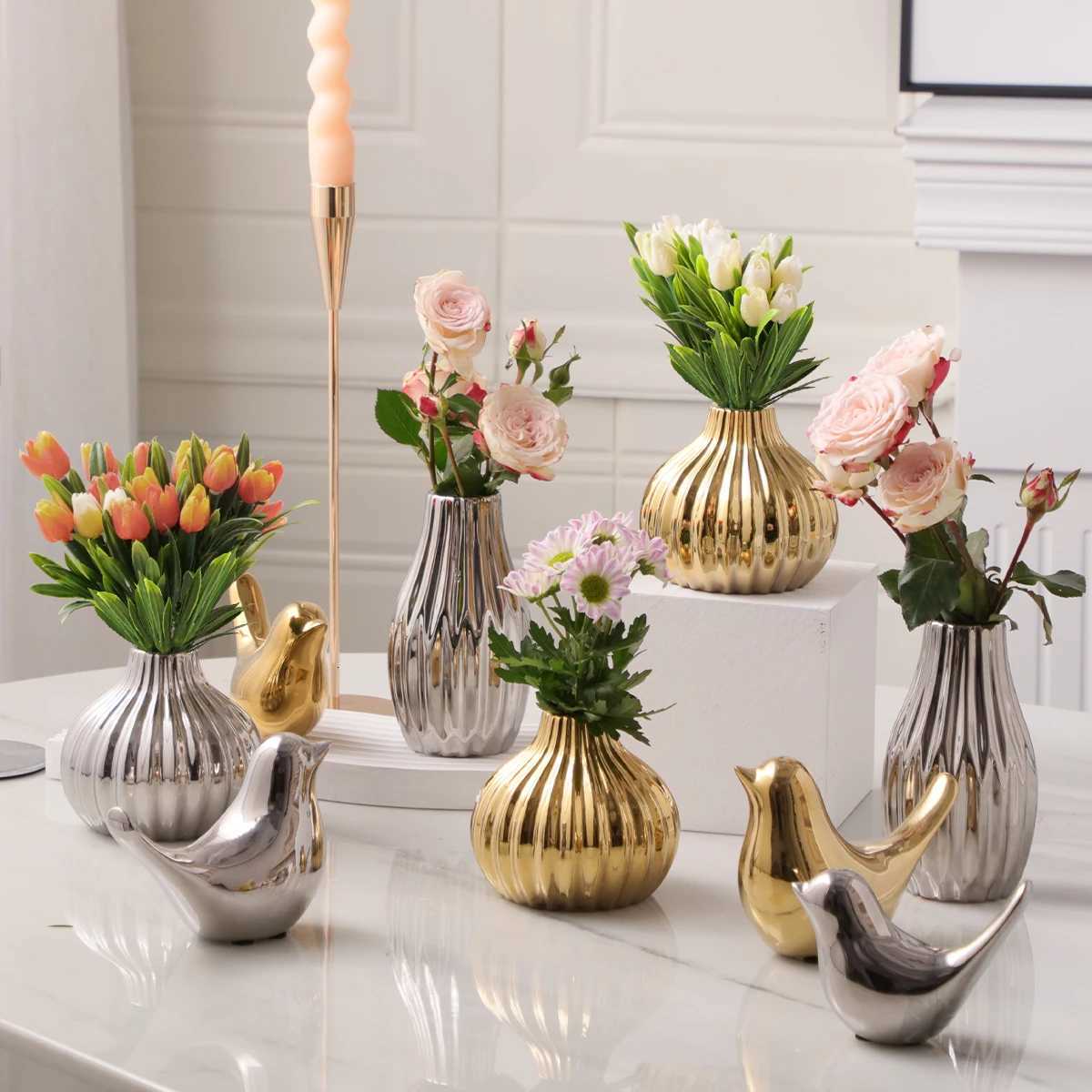 XIYA FLOWER Unique Geometric Vase Modern and Minimalist Style Ceramic Craftsmanship Gold Silver Festival Home Decor Y260314