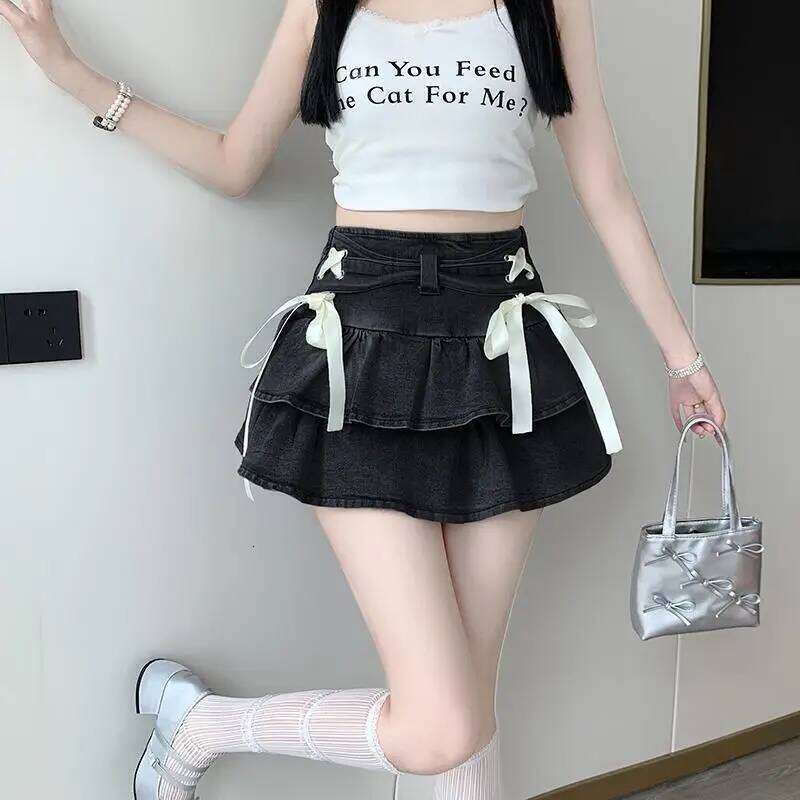 Summer New American Pure Lust Style Bow Tie A-line Cake Denim Puffy Short Skirt for Women Z260314
