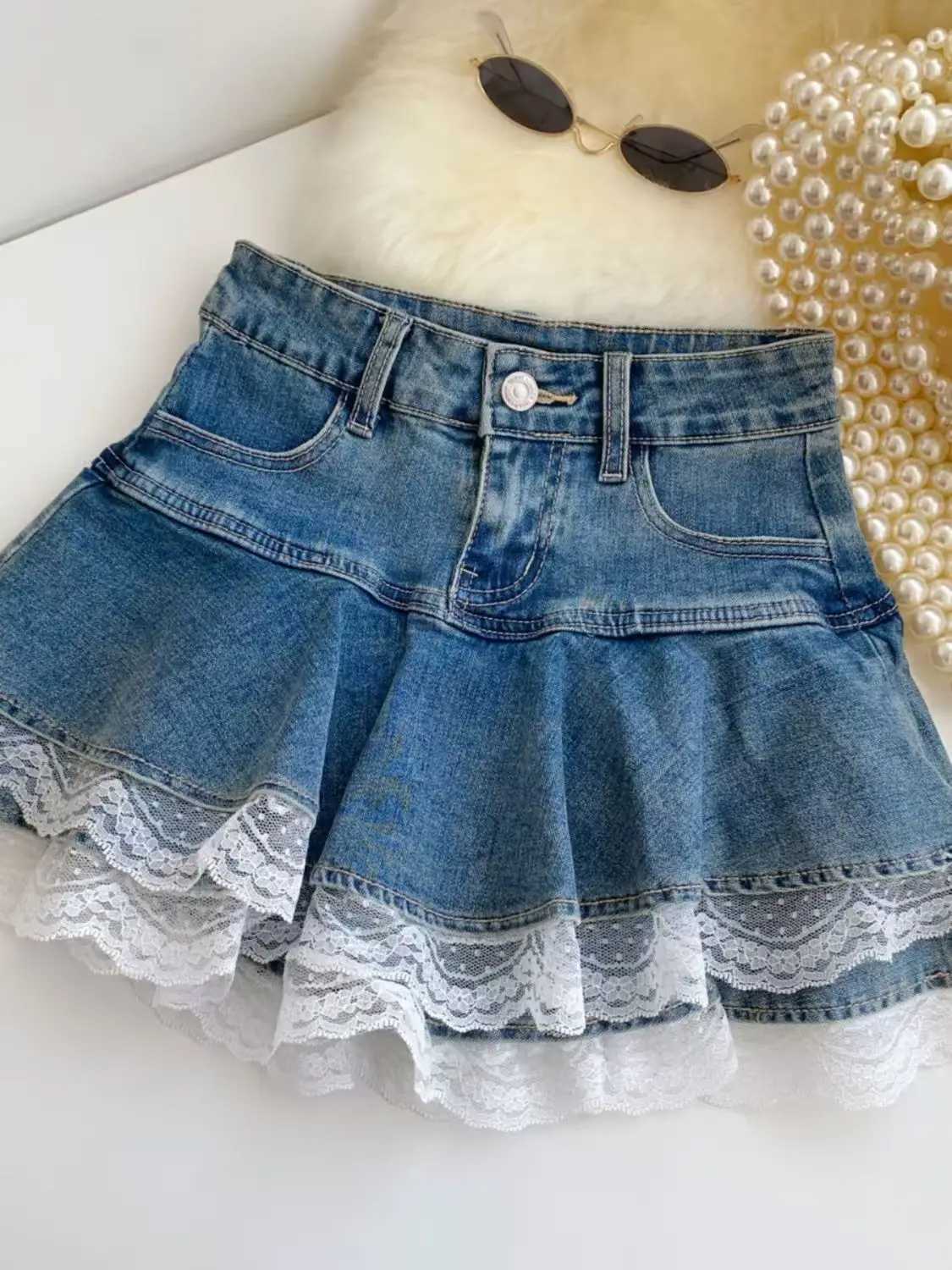 Women Fashion Streetwear Ruffles Kawaii Lace Skirts Shorts Preppy School Pleated Jeans Skirt 2025 Summer Mini Y2K Denim Skirt M260314