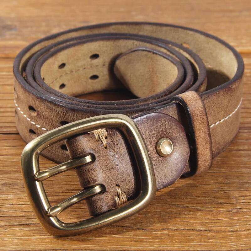 Vintage Men's 3.8cm Wide Breasted 100% Cowhide Double Prong Buckle Handmade Heavy Duty Fashion Jeans Belt Brown Z260226