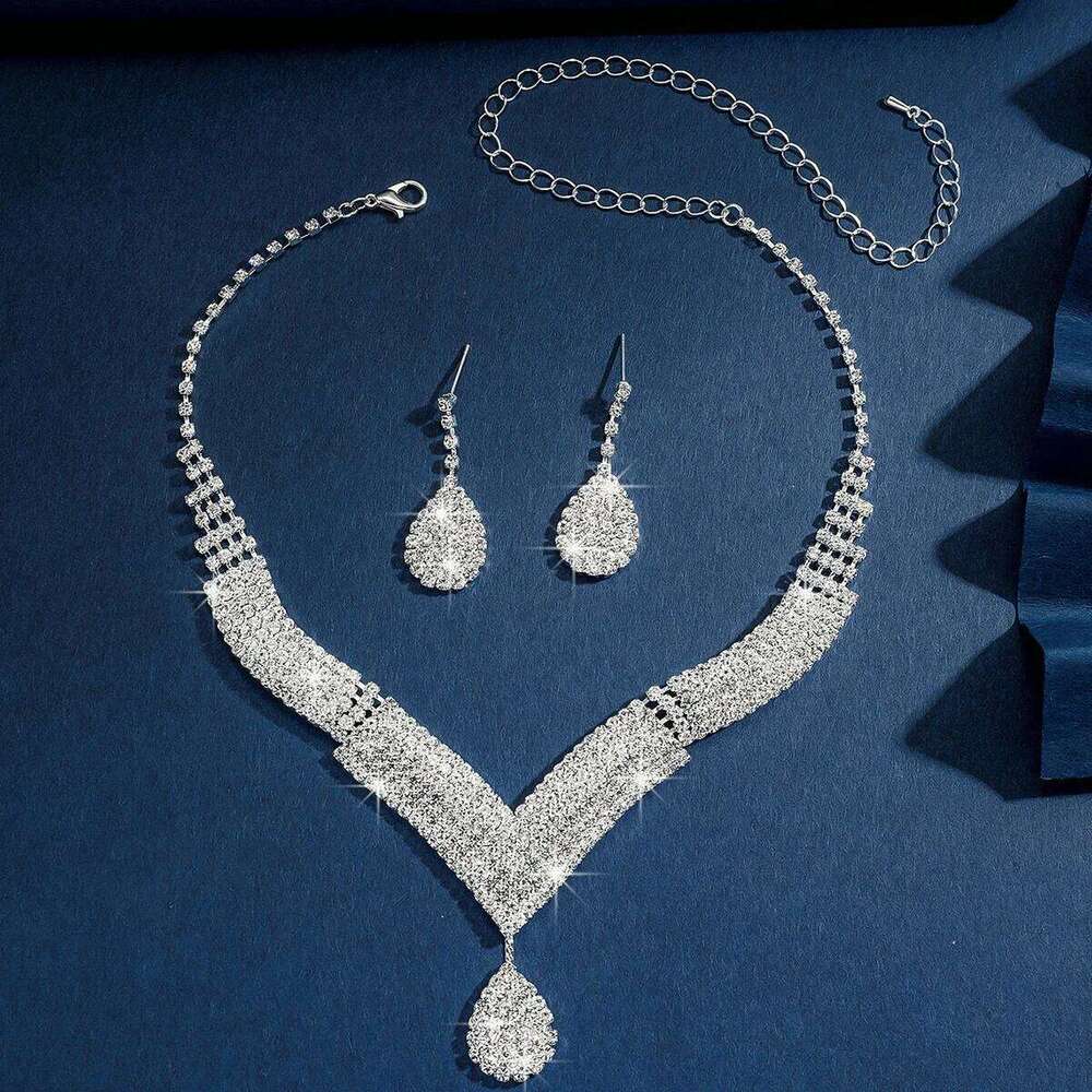 3pcs women's fashionable jewelry set with rhinestones, zircon, water droplets, necklace, earrings, wedding dress accessories Z260313