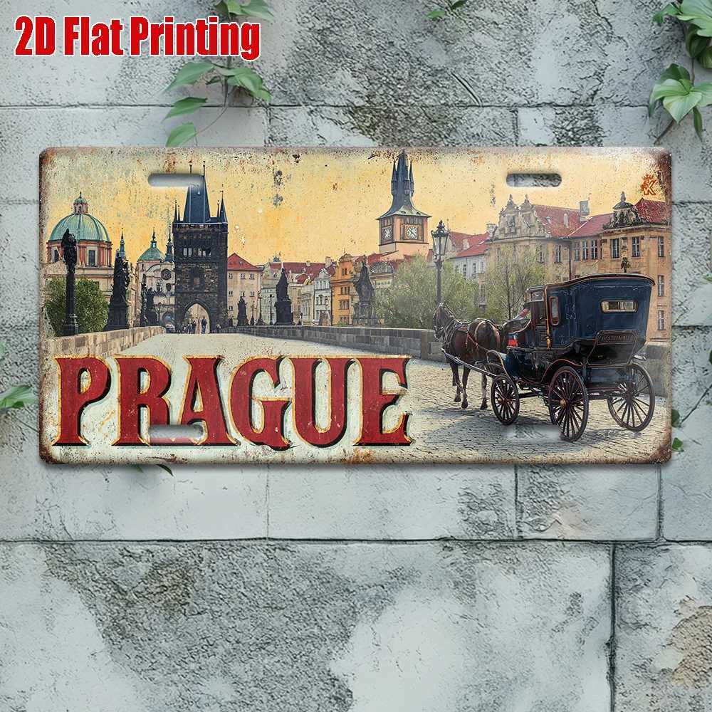 Printing Vintage Metal License Plate Outdoor Wall Art PRAGUE Aluminum Sign with Historic City and Horse Carriage Scene D260314