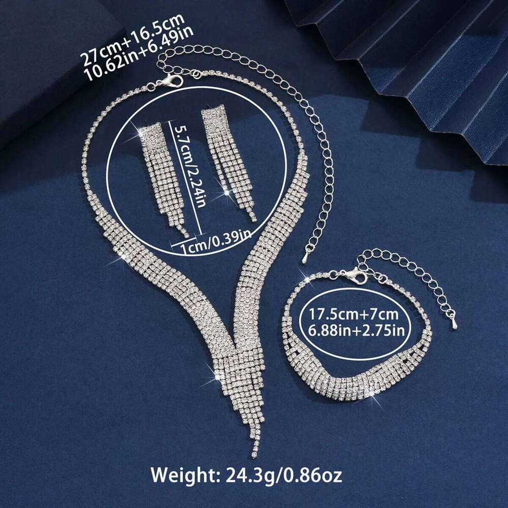 Fashionable tassel sparkling rhinestone necklace earring set, light luxury style high-end jewelry set Z260313