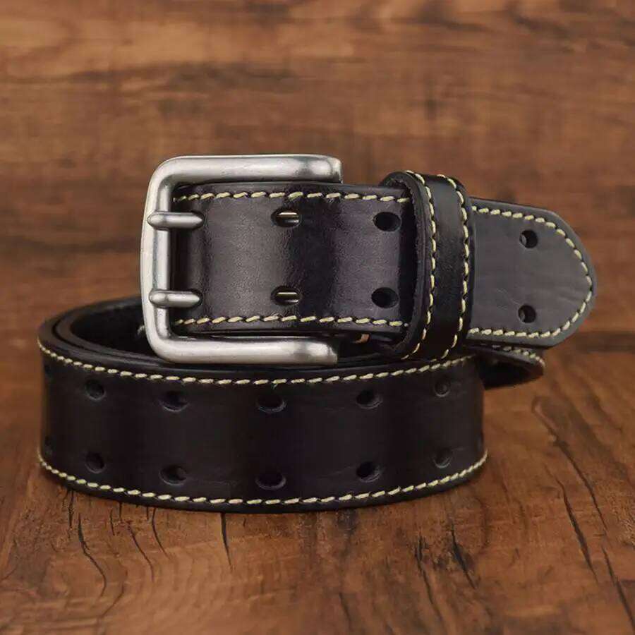 Men's Prong New Leather Belts for Men Classic Double Row Hole Universal Hollowed Out Belt Jeans Z260226