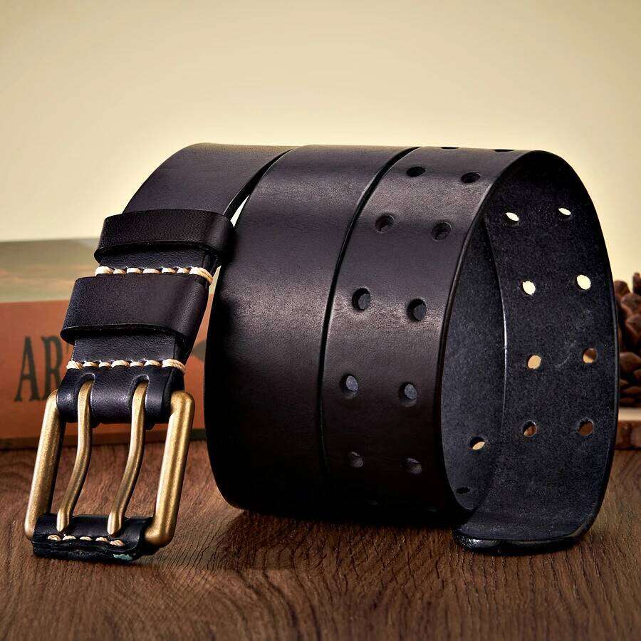 3.8cm Wide Retro Vintage Men's Cowhide Genuine Leather Copper Double Needle Buckle Handmade Cowboy Jeans Belt Z260226