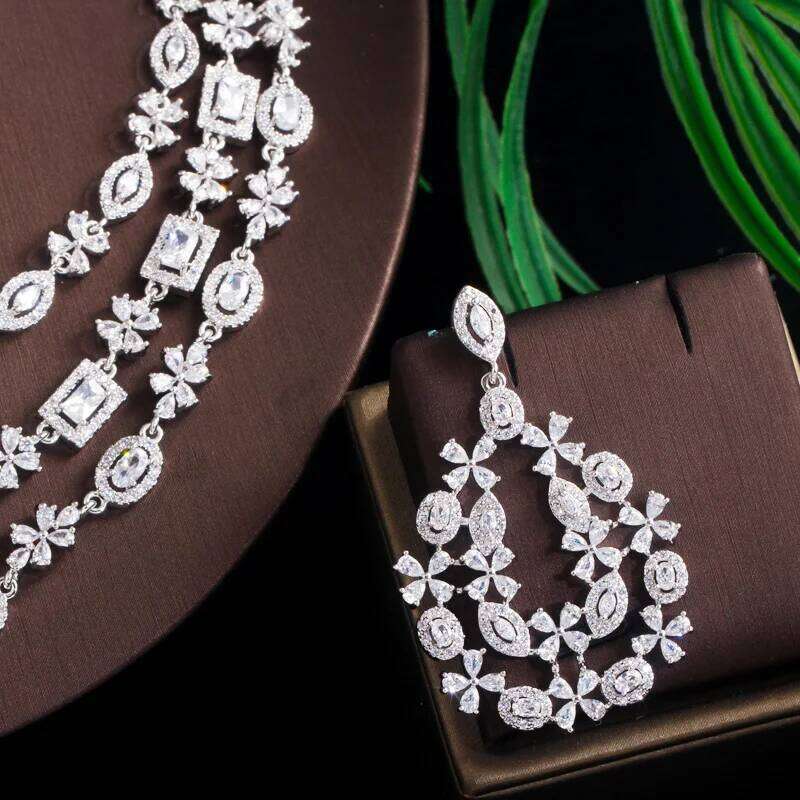 ThreeGraces Brilliant White Cubic Zirconia 3 Layers Big Nacklace Earrings Bridal Wedding Engagemen Jewelry Set for Women TZ542 Z260313