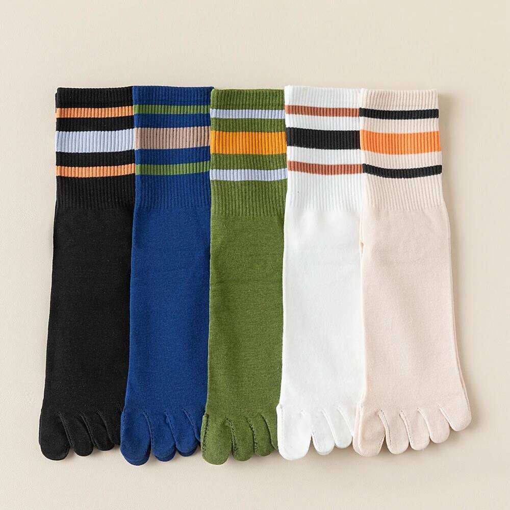 5 Pairs Men Toe with Separate Fingers Mid Tube Five Finger Striped Cotton Sports Socks Summer High Quality Z260314