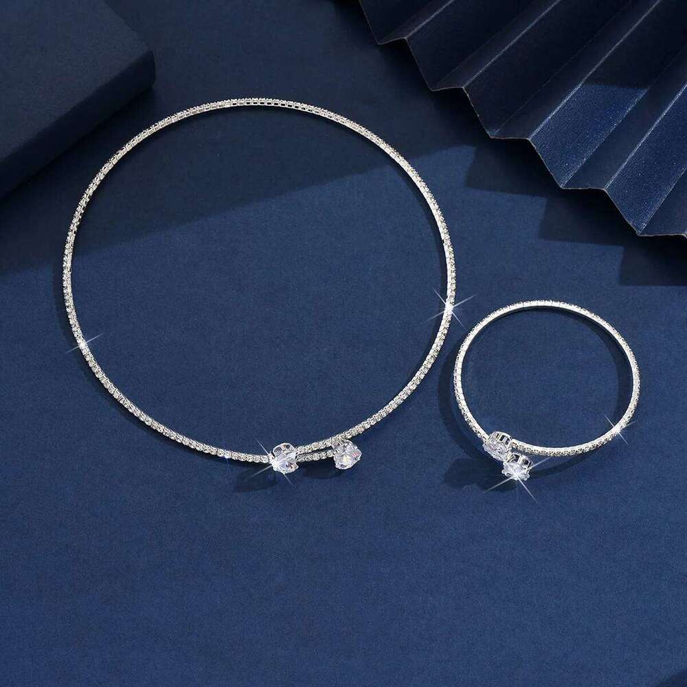 Shiny Crystal Jewelry Women Silver Plated Cubic Zirconia Choker Necklace Bracelet Set Party Evening Fashion Accessories Z260313