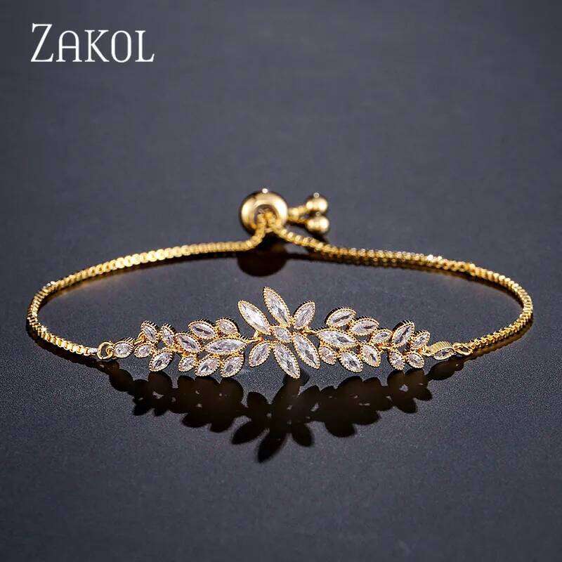 ZAKOL Fashion Zirconia Adjustable Bracelets for Women Men Exquisite Leaf Bangles Party Wedding Jewelry Gifts Z260313