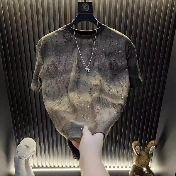 Summer New Style Top With Starry Designer Polo Hoodie Pattern Short Sleeve American Style Designer T-shirt Men's Gradient Rhinestone Trendy