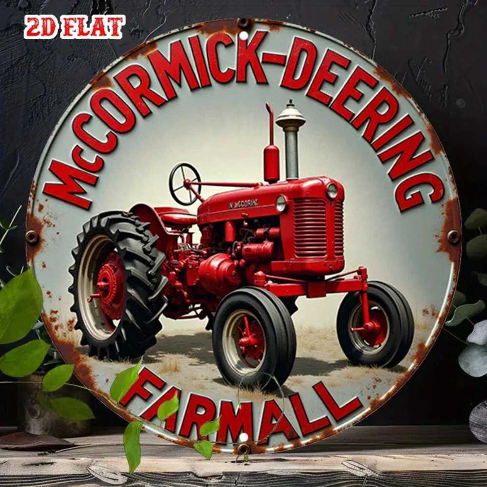 Vintage Farmhouse Red Tractor Metal Tin Sign 787x787 Rustic Round Aluminum Decor for Garage Wall D260314