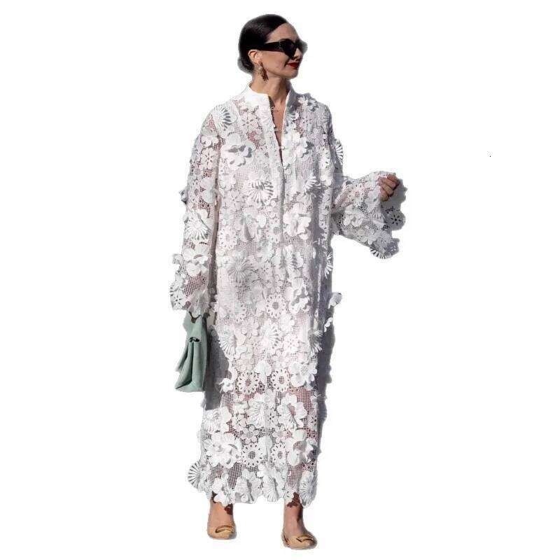 Sexy Women Hollow Out Loose Shirt Elegant Y K D Floral Long Sleeve Single Breasted Embroidery Vacation A Line Dress MAKOUFEI