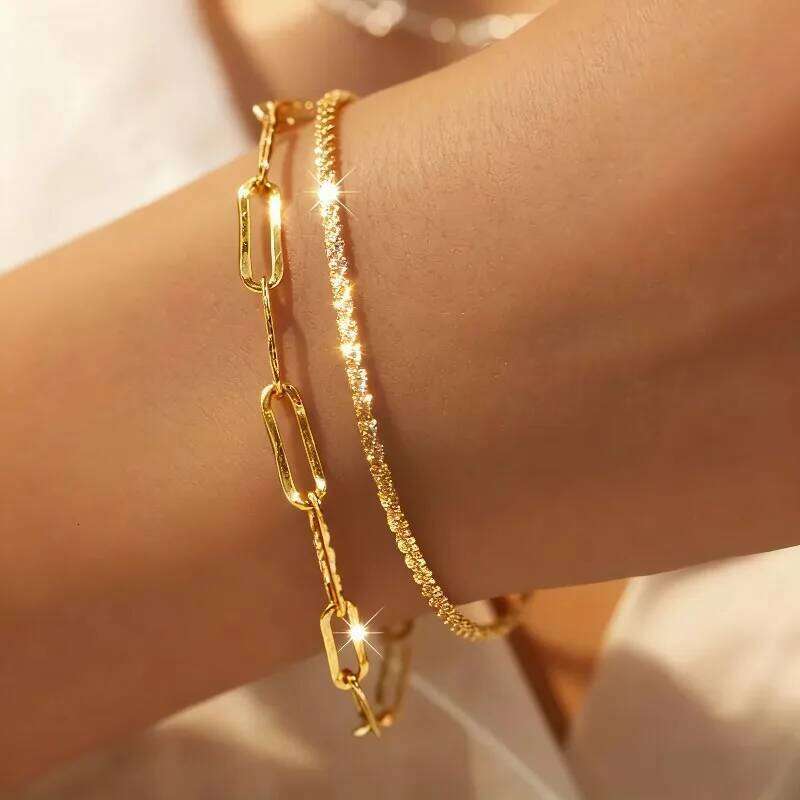 2/6PCS 925 Sterling Silver Link Chain Bracelet for Women Girls Luxury Sparkling Crystal Minimalist Daily Wear Jewelry Gift Z260313
