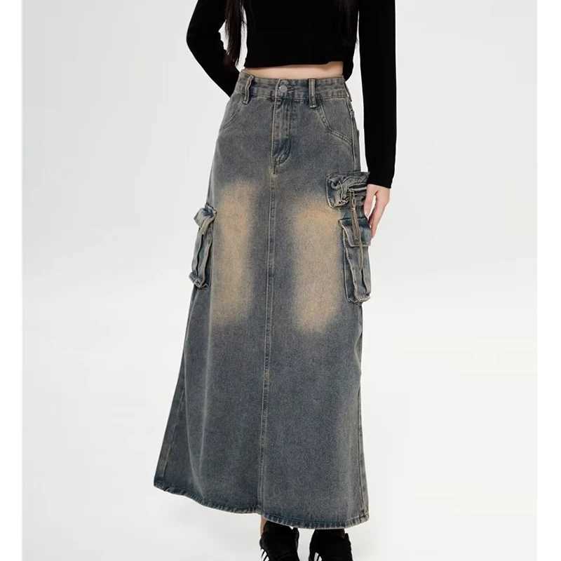 2025 Women Y2k High Waist Denim Ankle Length Cargo Skirts s Robe Cool Wrap Dress Female Retro Blue A Line Long Jeans Skirts M260314