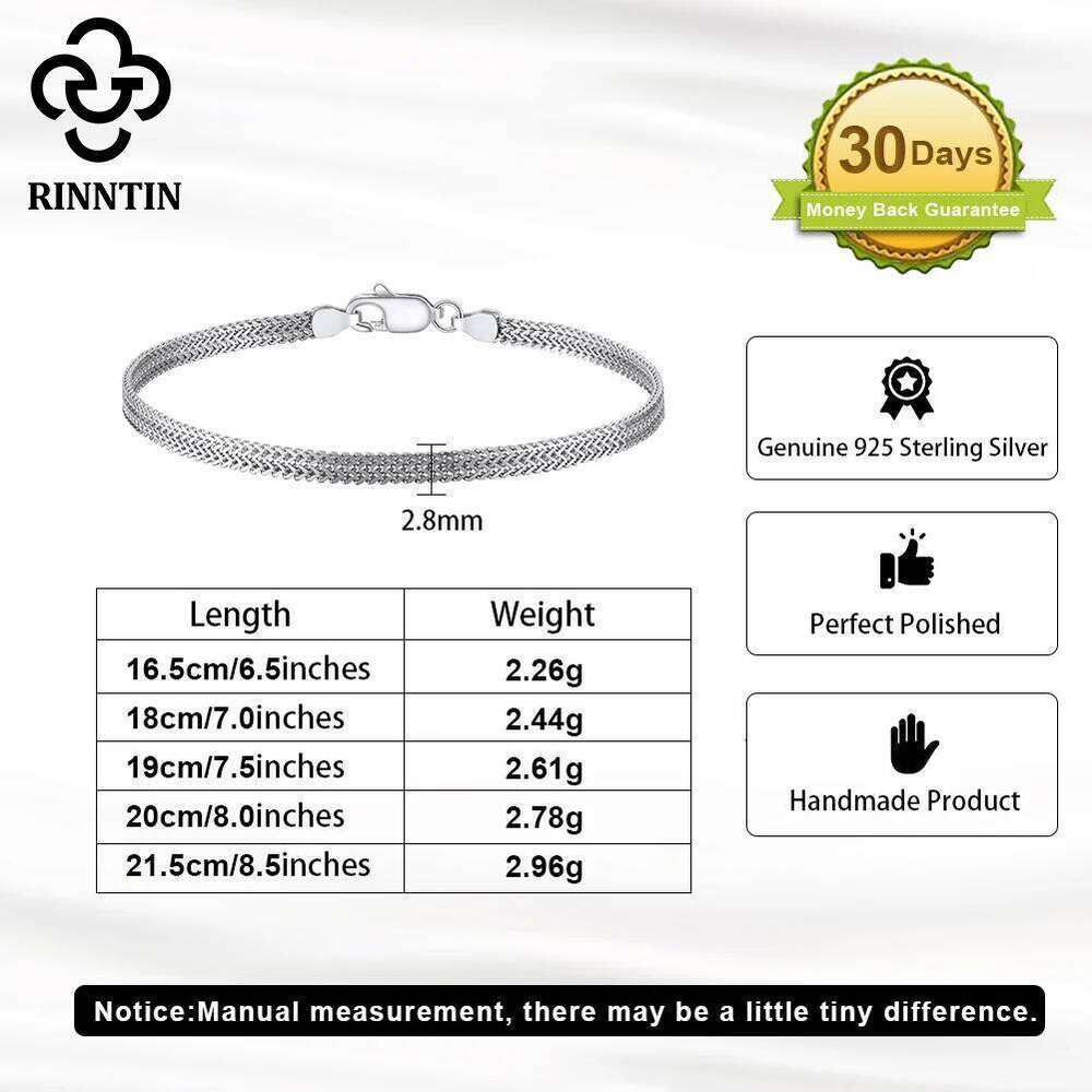 Rinntin 925 Sterling Silver 2.8mm Flat Mesh Bracelets Hight-Quality Bangle Chain Simple Women Men Daily Accessories SB216 Z260313