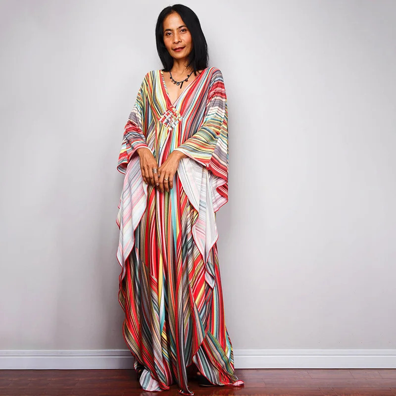 Beach Maxi Dress Plus Size Swimsuit Cover Up Women Ethnic Print Kaftan Holiday Outfits Bathing Suit Cardigan Kimono Femme 260302